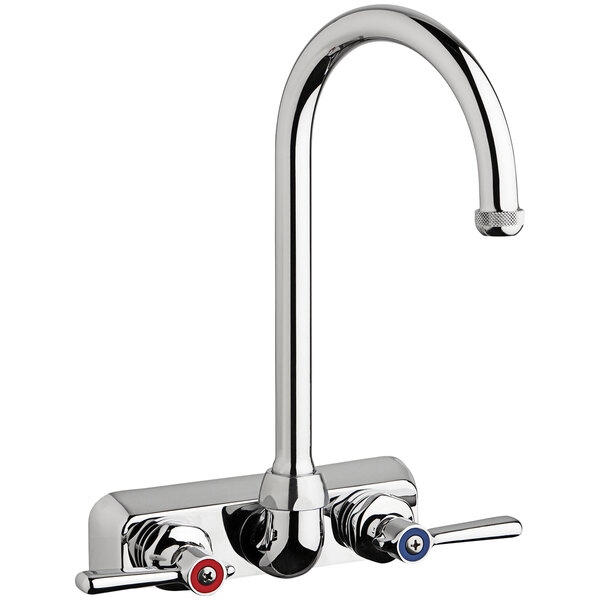 A silver Chicago Faucets wall-mounted faucet with red and blue knobs.