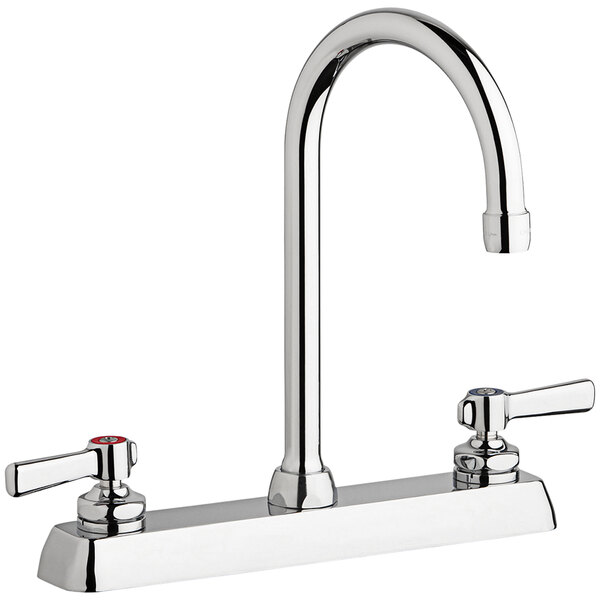 A silver Chicago Faucets deck-mounted faucet with two handles.
