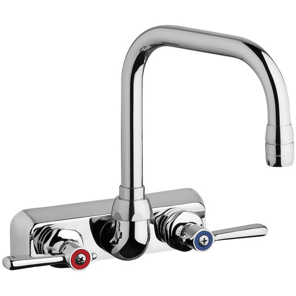 A chrome wall-mounted Chicago Faucets with 2 lever handles and a swing spout.