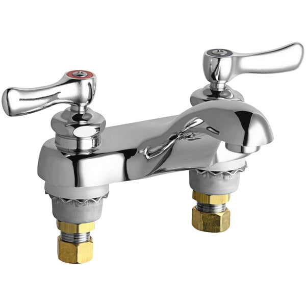 A Chicago Faucets deck-mounted faucet with chrome finish and two handles.