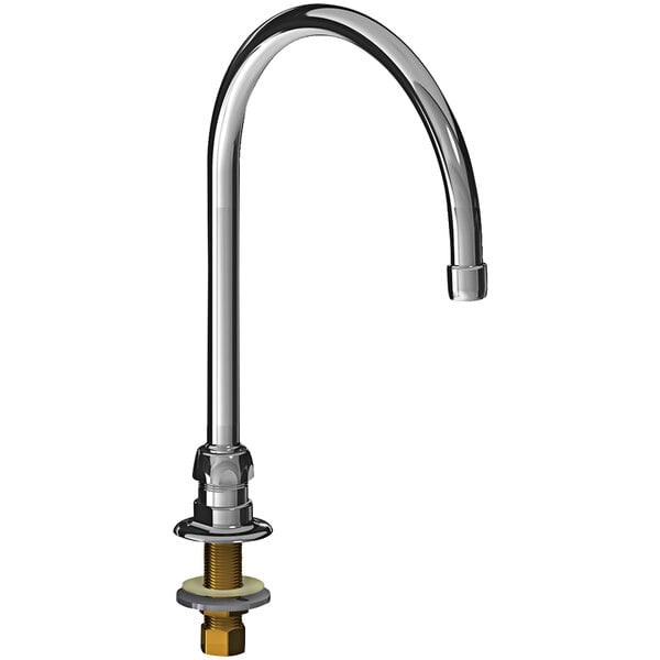 A silver and chrome Chicago Faucets deck-mounted gooseneck spout with a gold nut.