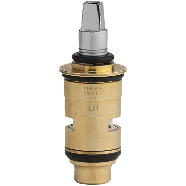 A Chicago Faucets brass water valve cartridge with a black handle.
