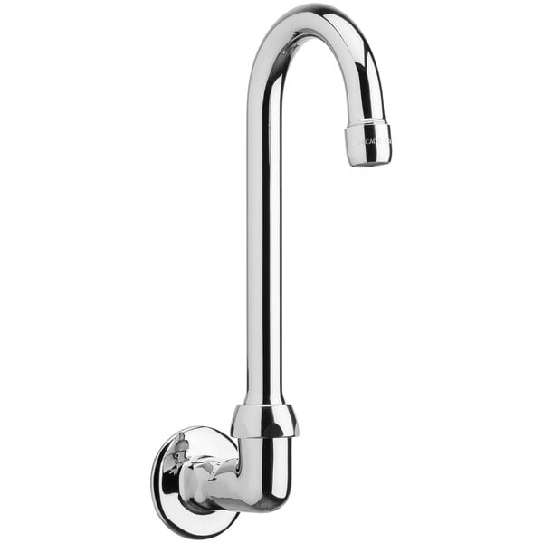 A silver Chicago Faucets wall-mounted gooseneck faucet with a swing nozzle.