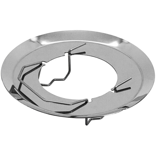 A stainless steel round plate with a metal clip.