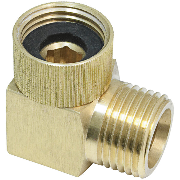 A gold Chicago Faucets low-profile 90-degree elbow with a threaded nut.