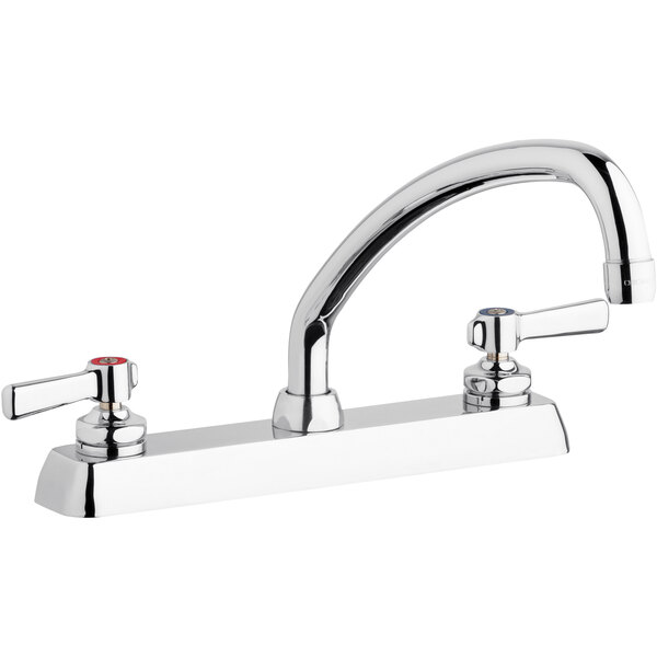 A silver Chicago Faucets deck-mounted faucet with two handles.