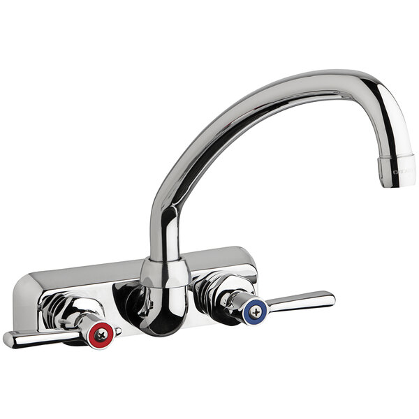 A chrome Chicago Faucets wall-mounted faucet with 2 lever handles.