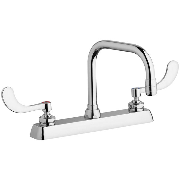 A silver Chicago Faucets deck-mounted faucet with two handles and a double-bend spout.