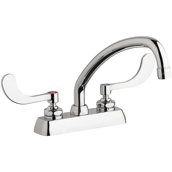 A silver Chicago Faucets deck-mounted faucet with two wristblade handles and swing spout.