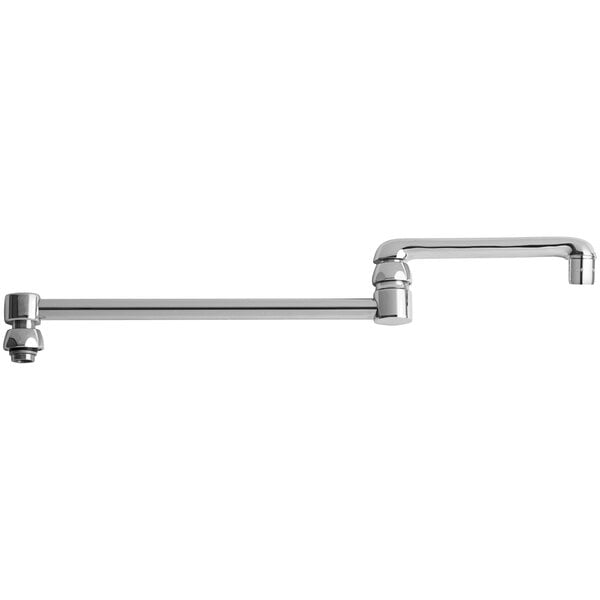A chrome Chicago Faucets double-jointed swing spout with a long thin metal bar.