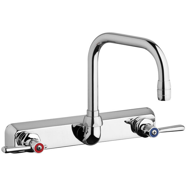 A silver Chicago Faucets wall-mounted faucet with blue and red handles.