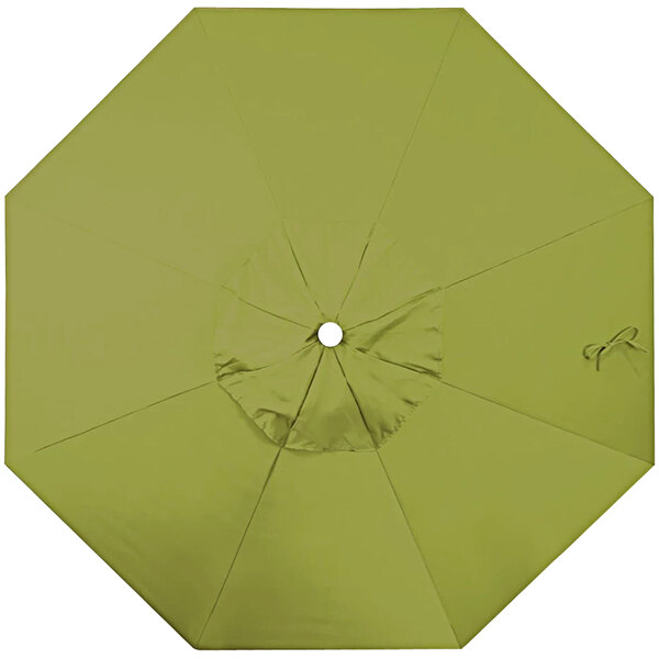 A close-up of a green California Umbrella canopy with a ginkgo leaf pattern.