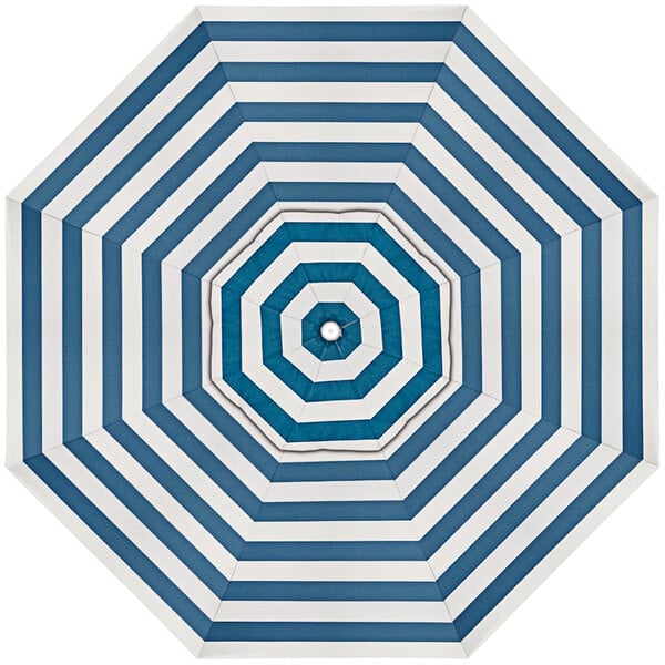A close-up of a blue and white striped California Umbrella canopy.