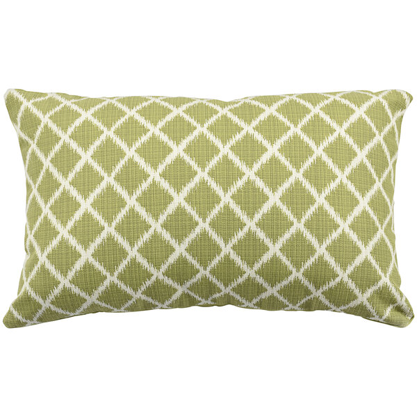 An Astella Lavalier Palm and Pesto throw pillow with a green and white geometric pattern.