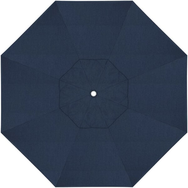 A close-up of a blue California Umbrella canopy with a white center.