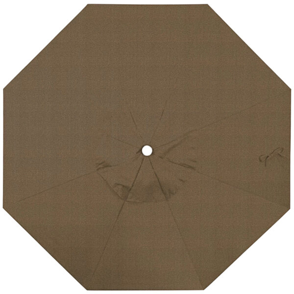 A brown California Umbrella canopy with a white circle in the center.