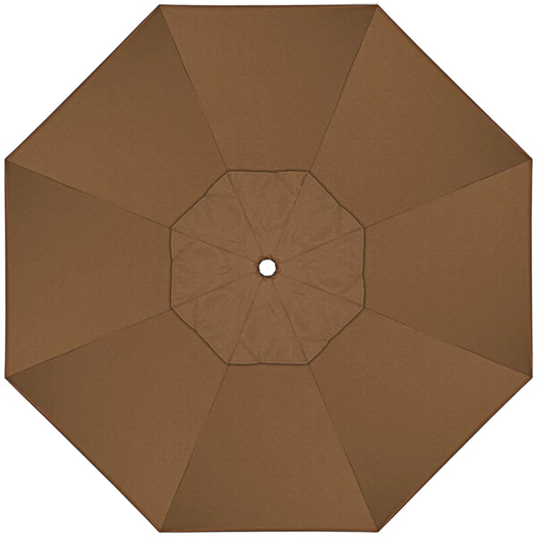 A top view of a brown California Umbrella with a white center.