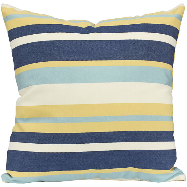 An Astella striped throw pillow with white, blue, and yellow stripes.