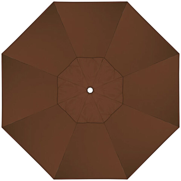 A top view of a brown California Umbrella with a white circle in the center.