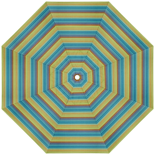 A colorful striped California Umbrella replacement canopy with a hole in the center.