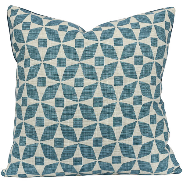 An Astella turquoise and petrol throw pillow with a blue and white geometric pattern.