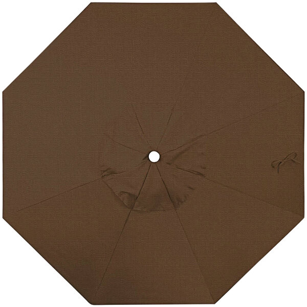 A brown California Umbrella replacement canopy with a hole in the middle.