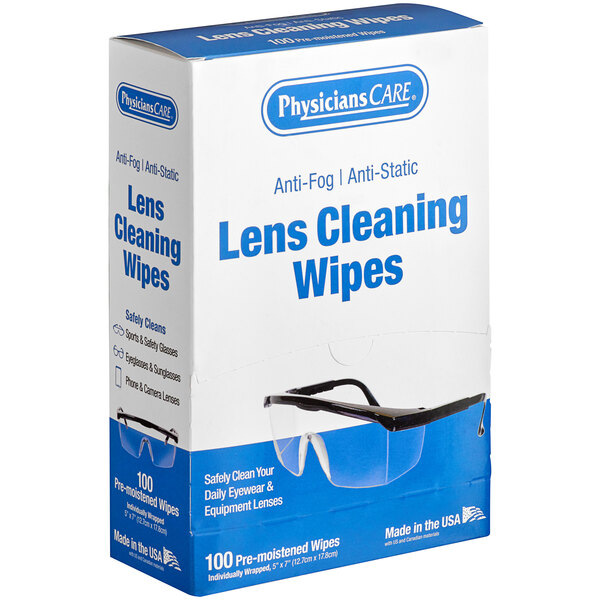 A box of 100 white PhysiciansCare anti-glare lens cleaning wipes.