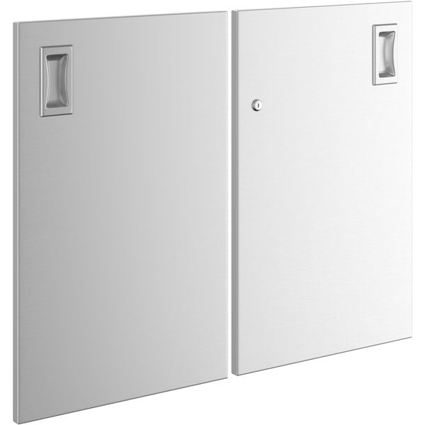 Two white rectangular doors with black handles.