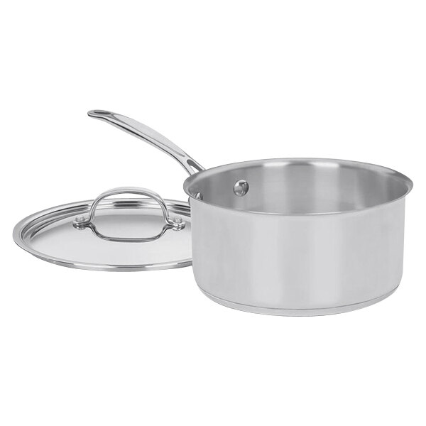 A Cuisinart stainless steel saucepan with lid.