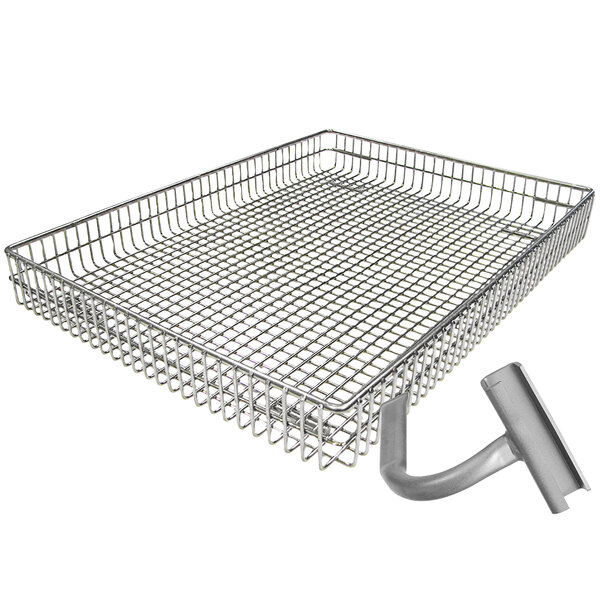 A Henny Penny wire mesh basket with a metal handle and hook.