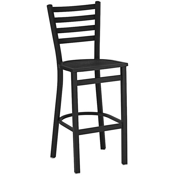 A Holland Bar Stool black metal outdoor bar stool with mesh seat and black wrinkle finish.