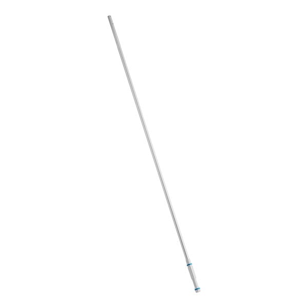 A long silver pole with a blue handle.