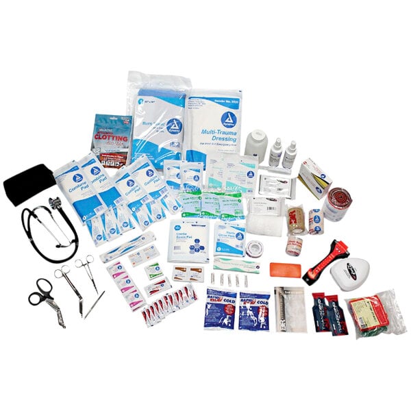 A group of Kemp USA medical supply packs with various first aid items.