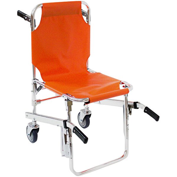 An orange Kemp USA chair stretcher with wheels.