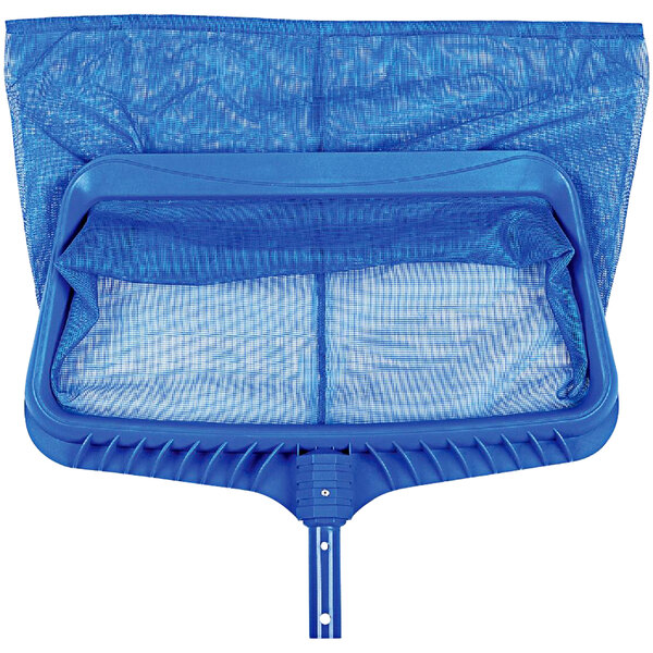 A blue net with a blue mesh bag on top and a white plastic frame with a handle.