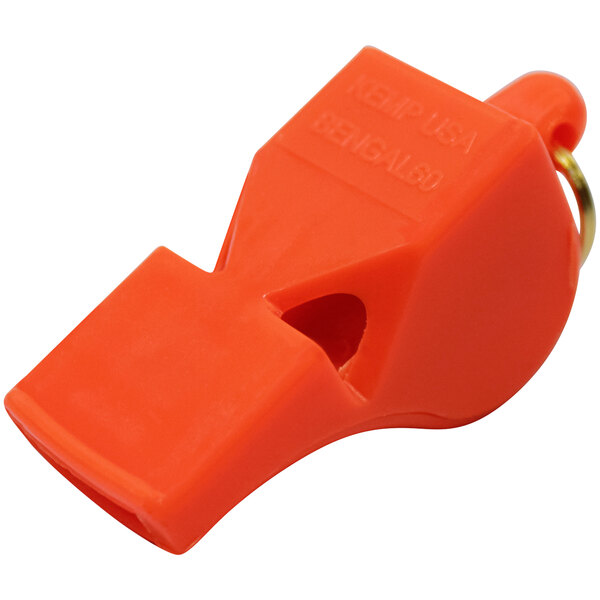 An orange Kemp USA whistle with a black ring and a hole.
