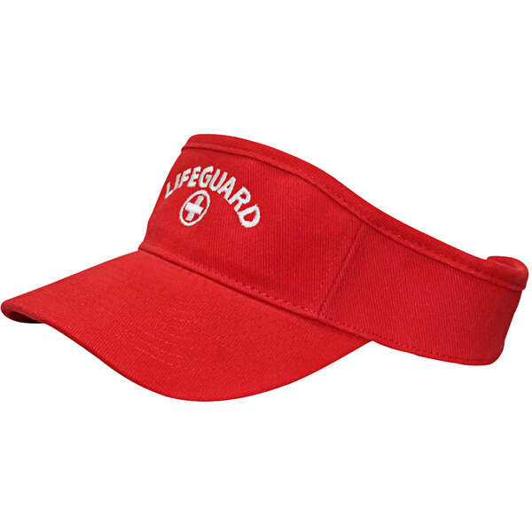 A red visor with white embroidered LIFEGUARD text.
