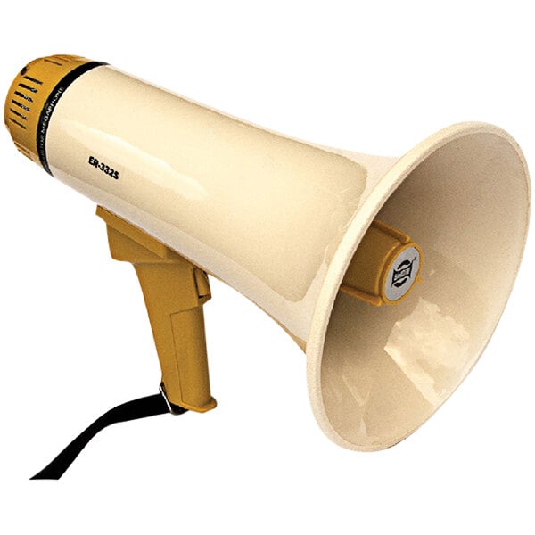 A white and yellow Kemp USA battery-operated megaphone with black accents.