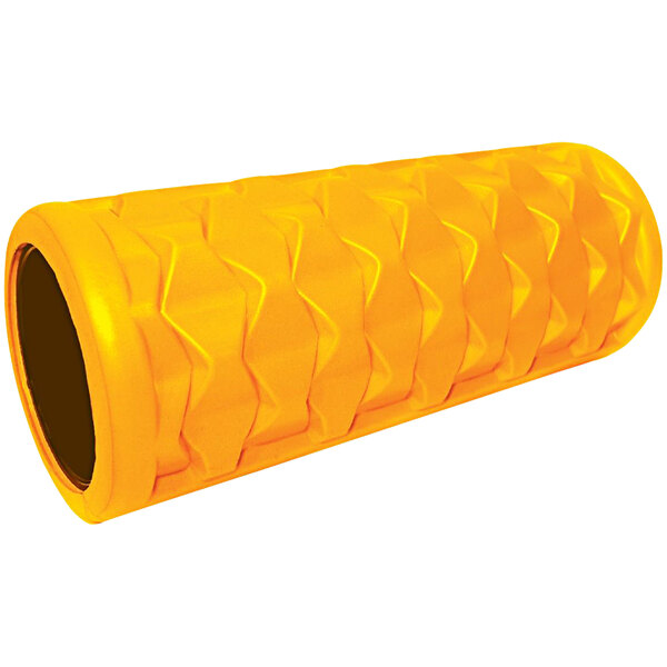 An orange foam roller for massage on a white background.