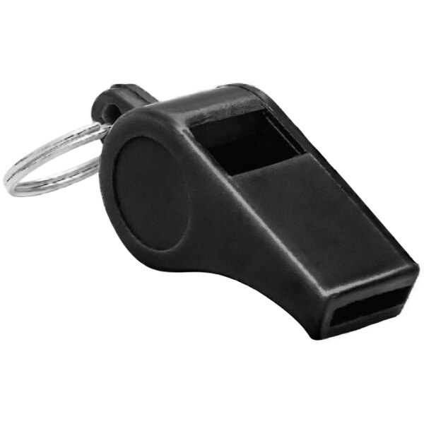 A black Kemp USA plastic whistle with a silver ring.