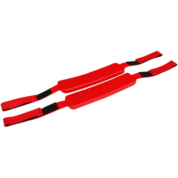 A pair of red straps with black handles.
