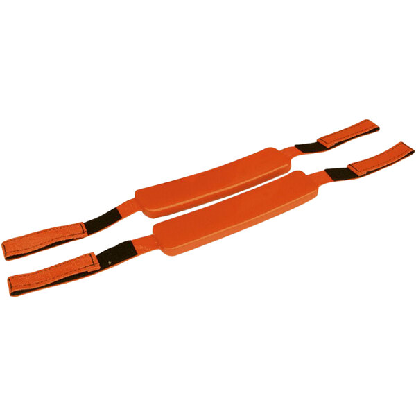 A pair of orange straps with black handles.