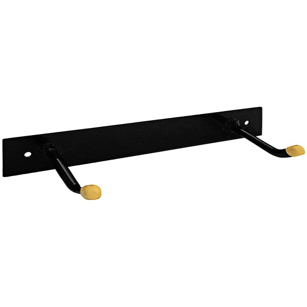 A black metal wall mounted bracket with two yellow handles.