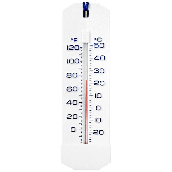 A white Kemp USA Wall-Mount Pool Thermometer with black numbers.
