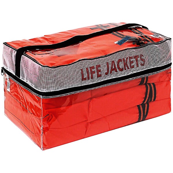 A red bag with the words "Life Jackets" in black text containing four orange Kemp USA Type II Adult Life Jackets.