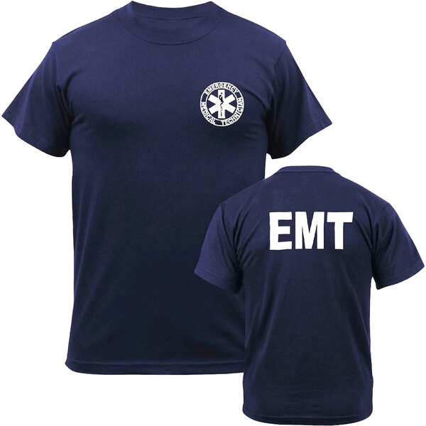 The back of a navy blue Kemp USA EMT T-shirt with white text reading "EMT" on it.