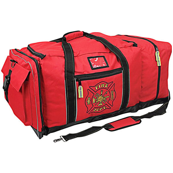 A red Kemp USA firefighter gear bag with a black logo.