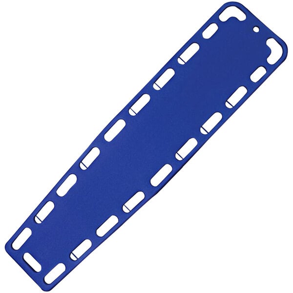 A royal blue plastic Kemp USA spineboard with holes.