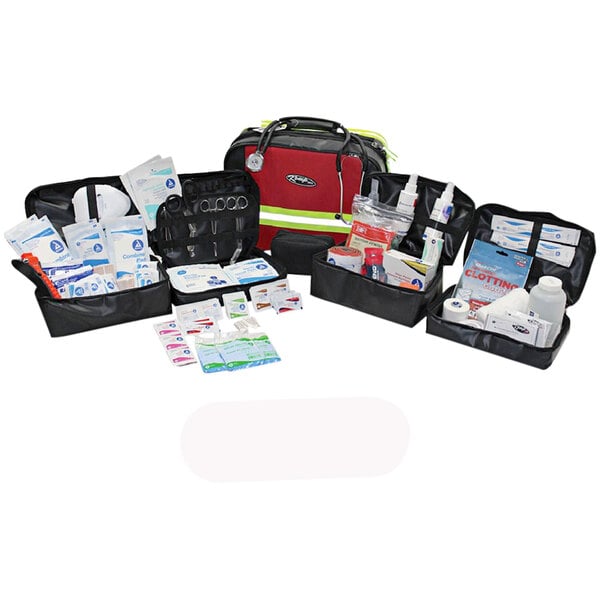 A black and red Kemp USA medical bag with a 247-piece first aid kit inside.