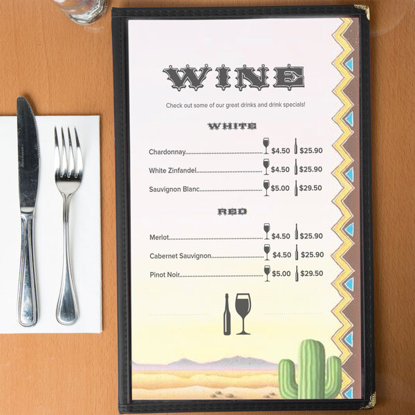 Menu with a cactus and a knife and fork on a table in a Mexican restaurant.